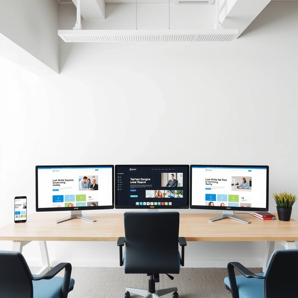 Professional web design workspace with modern devices and creative elements